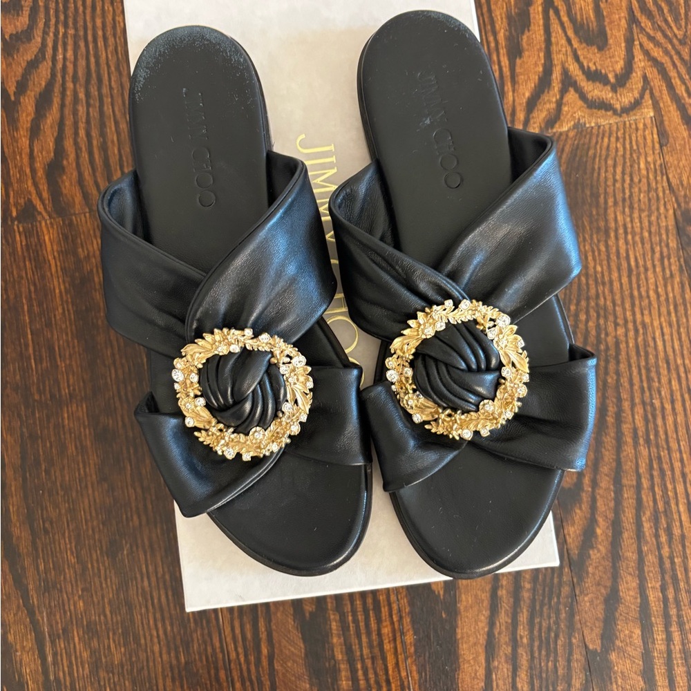 Jimmy Choo Black Leather Slide Sandal with Gold Floral Circle Decor